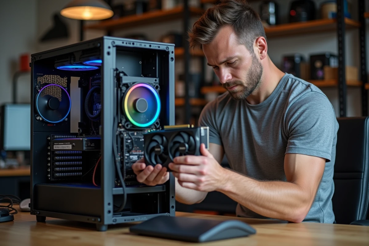 Homme installant une carte graphique AMD haute performance dans un PC tour ouvert sur un établi en bois