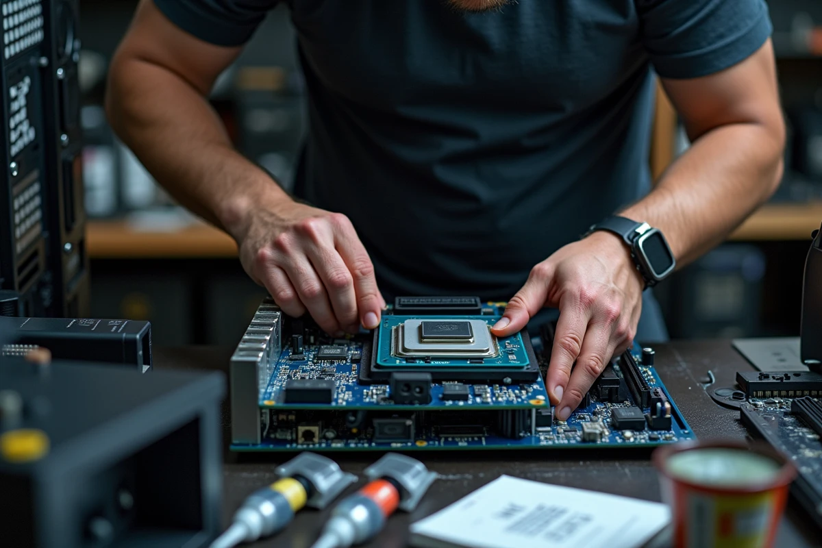 Technicien installant un processeur Intel puissant sur une carte mère haut de gamme dans un PC assemblé à la main
