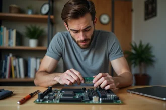 Homme installant un module RAM dans un PC de bureau pour améliorer ses performances