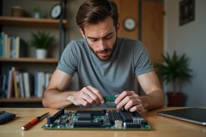 Homme installant un module RAM dans un PC de bureau pour améliorer ses performances