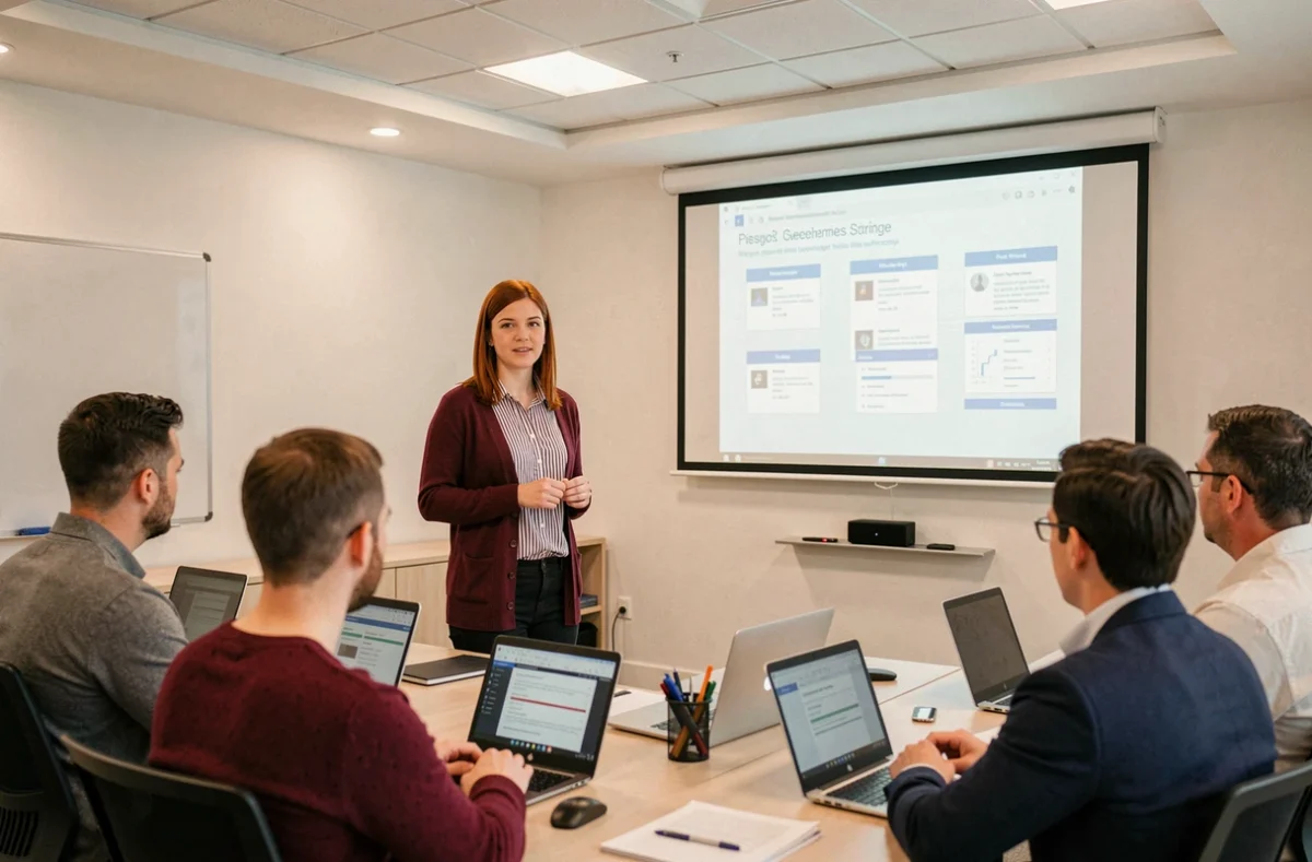 Formatrice d'Izitek animant un atelier de sensibilisation à la cybersécurité opérationnelle pour des employés en entreprise