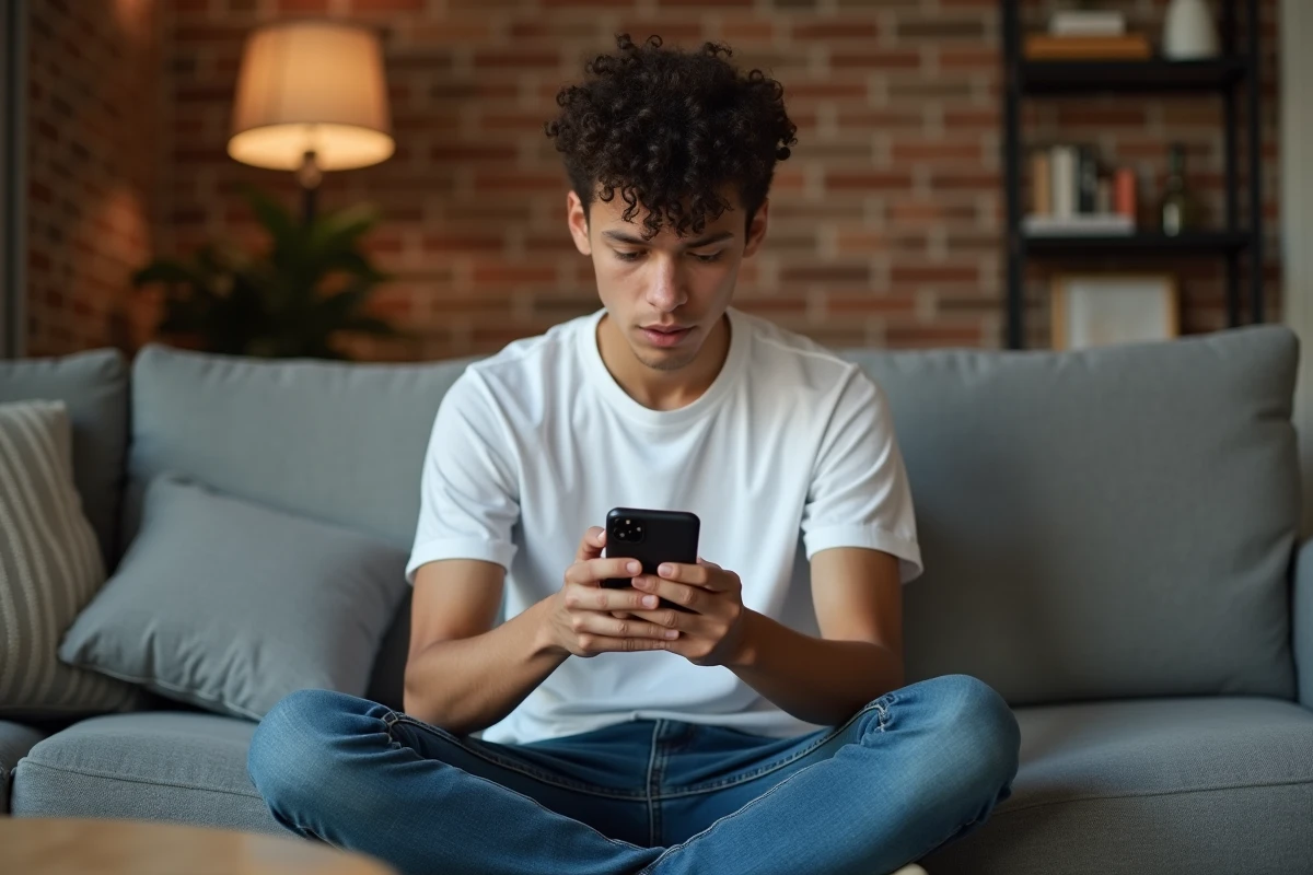 Jeune adulte sur un canapé examinant une notification suspecte de logiciel malveillant sur son smartphone