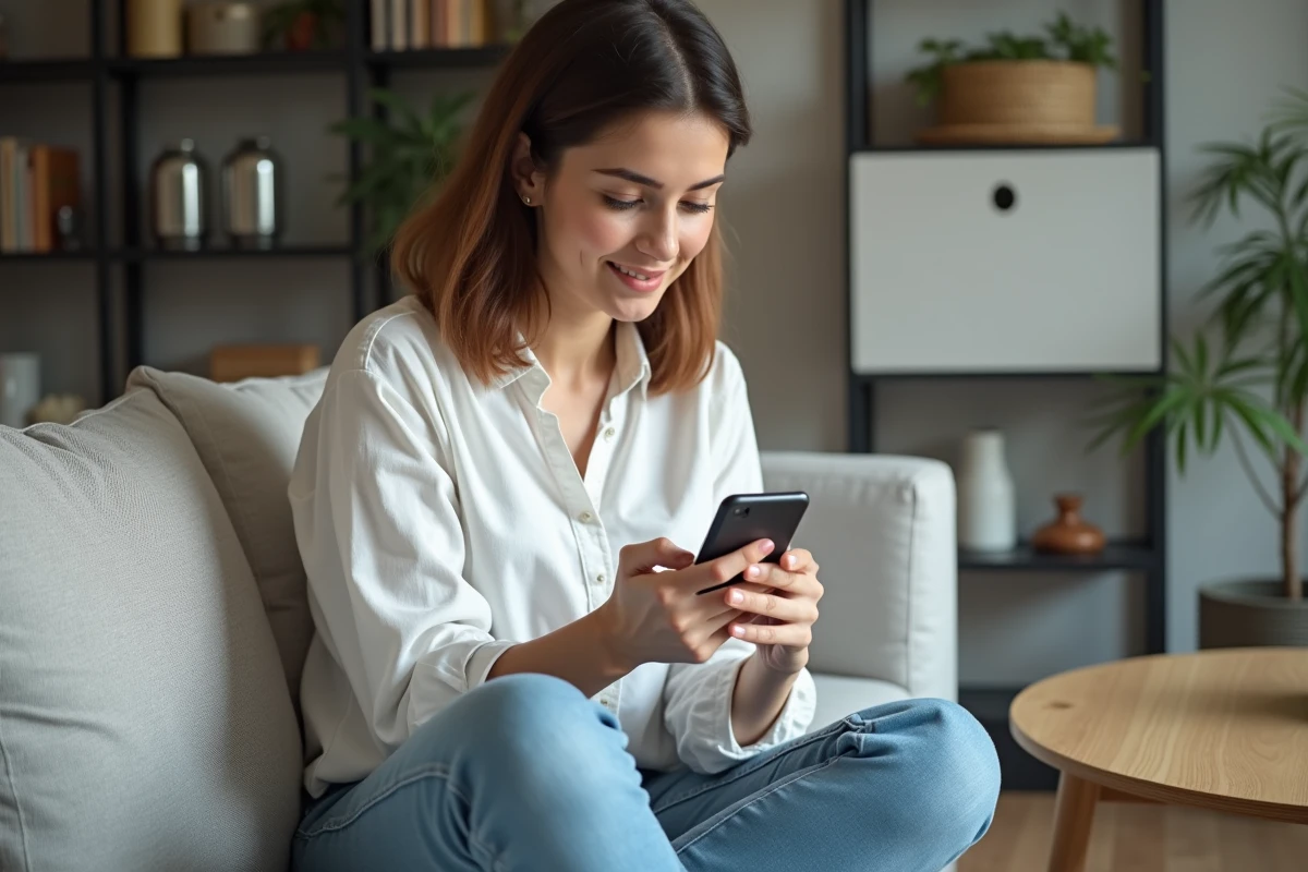Jeune femme bloquant un expéditeur indésirable depuis l'application mail de son smartphone dans un salon