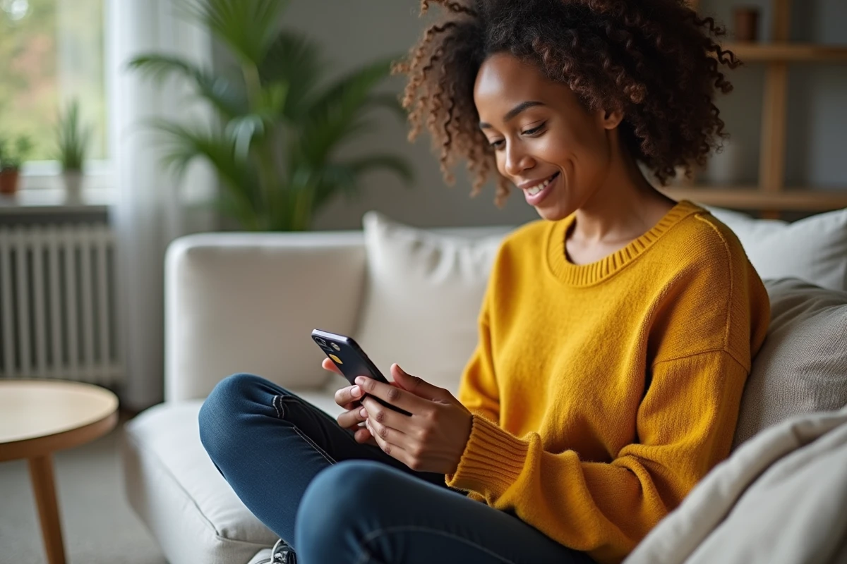 Une jeune femme utilisant un chatbot de service client sur son smartphone depuis son salon