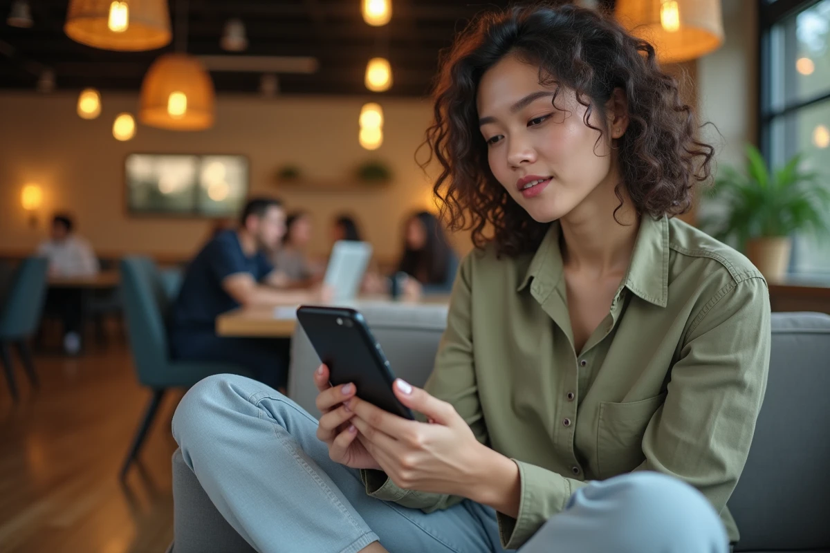 Une jeune femme gérant des campagnes publicitaires sur les réseaux sociaux depuis son smartphone dans un espace de coworking