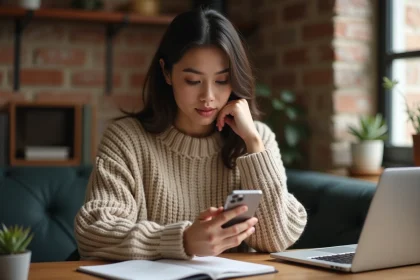 Jeune femme consultant les statistiques Instagram sur son smartphone dans un bureau à domicile chaleureux