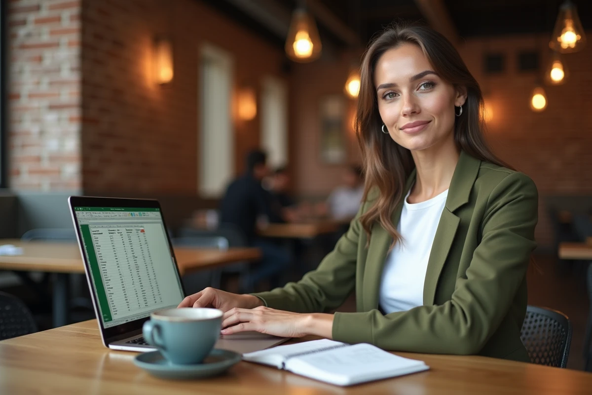 Jeune femme travaillant sur un modèle Power Pivot et un tableau croisé dynamique Excel dans un espace de coworking avec café et notes manuscrites