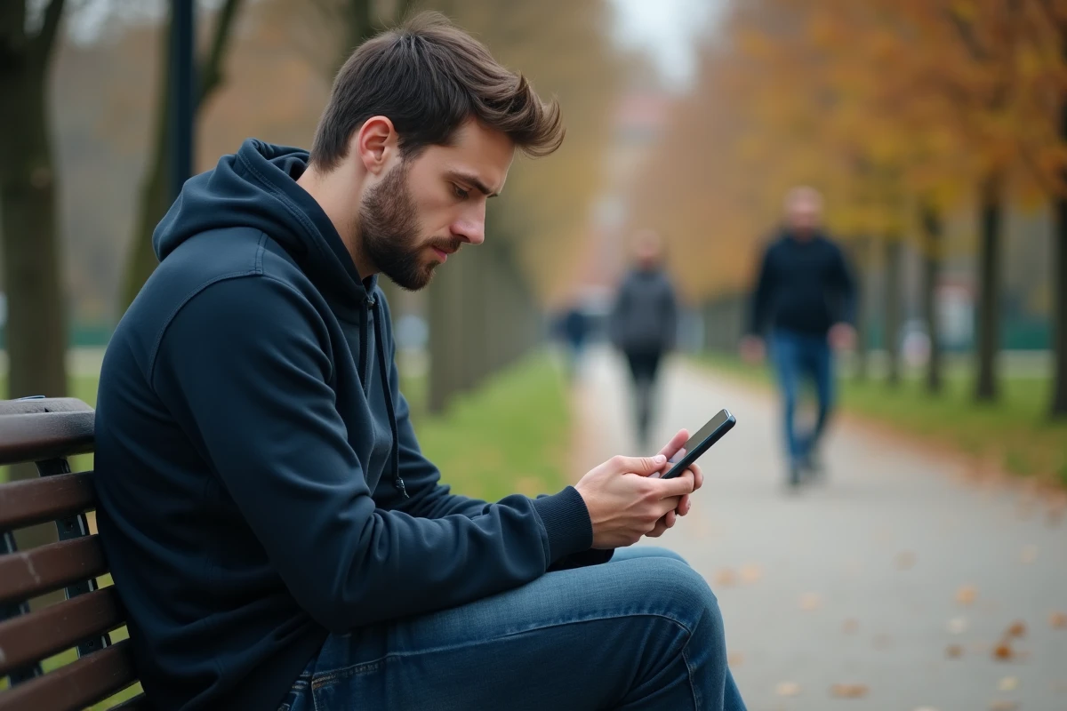 Jeune homme consultant le numéro 3422 sur son téléphone dans un parc urbain