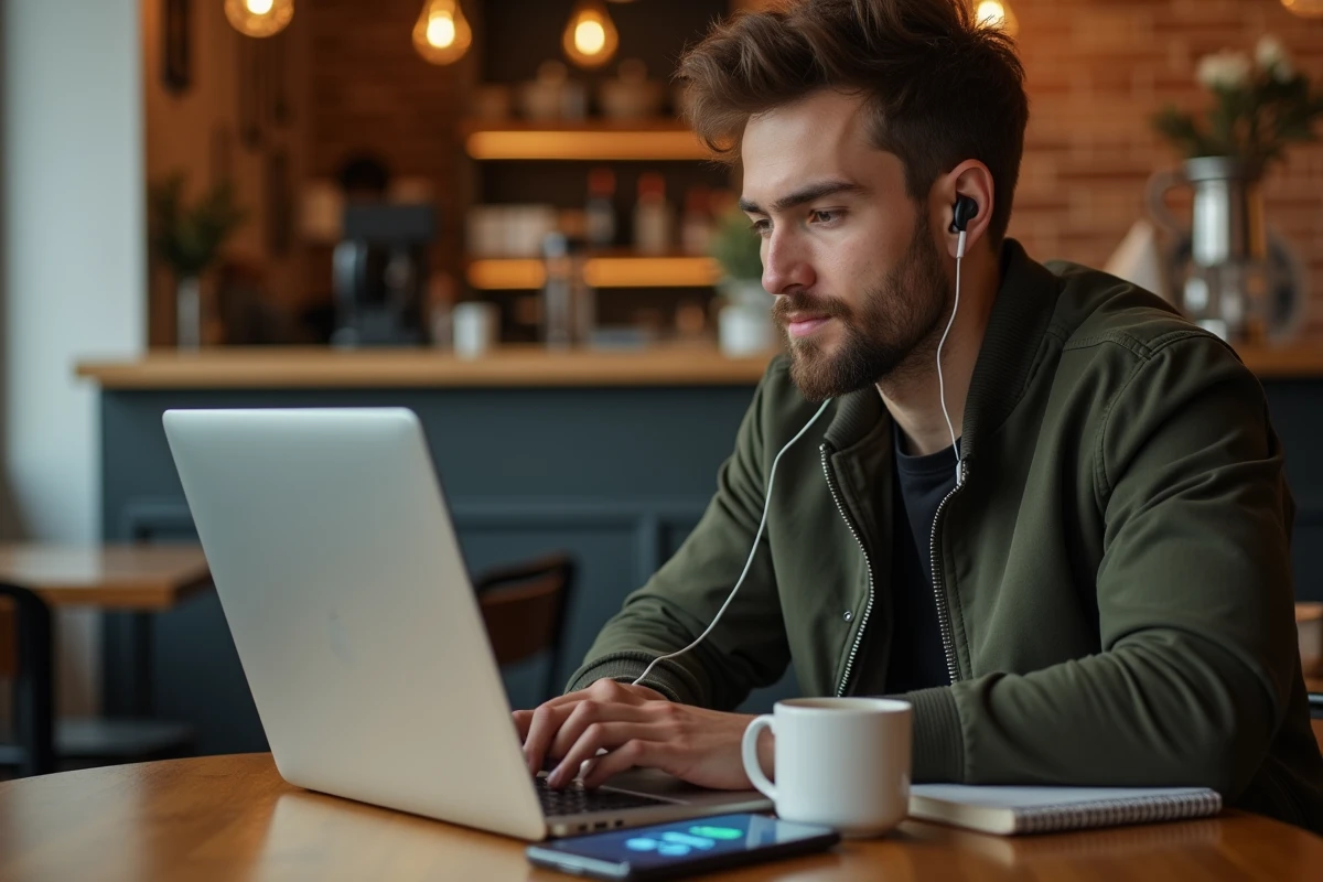 Jeune homme utilisant Google Voice avec écouteurs sans fil et smartphone dans un café pour gérer ses appels professionnels