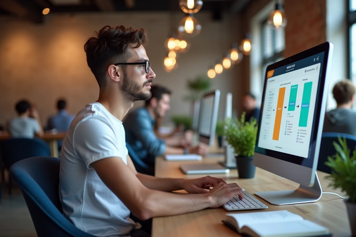 Jeune homme apprenant le no-code dans un espace de coworking avec un écran d'interface visuelle