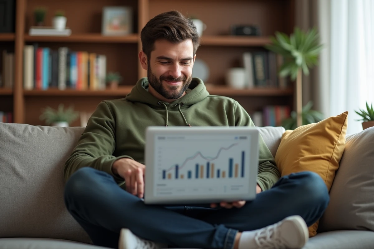 Jeune homme travaillant sur le référencement naturel Google depuis son bureau à domicile avec un tableau de bord analytique