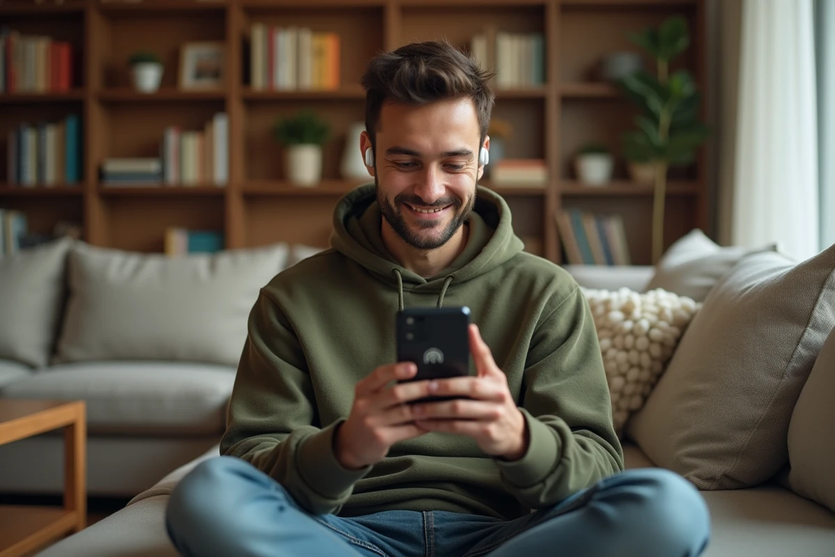 Jeune personne utilisant une application de synthèse vocale sur smartphone avec des écouteurs sans fil dans un salon