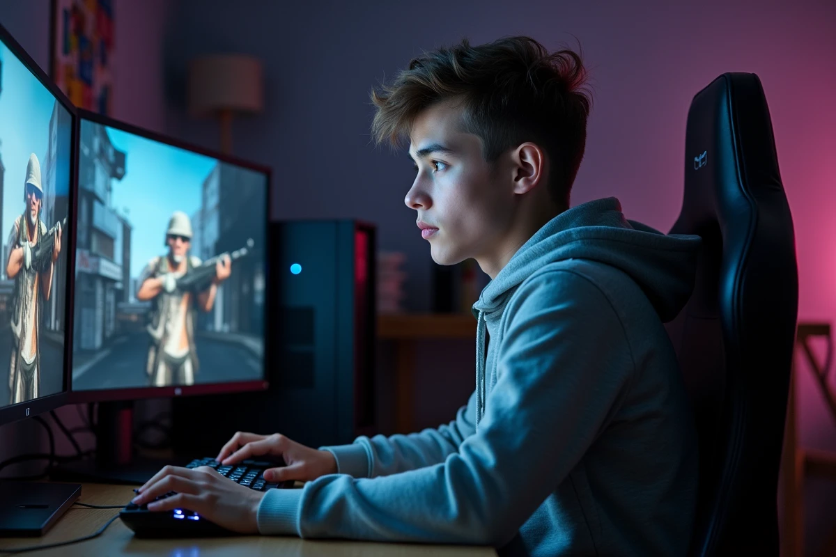 Jeune homme jouant à un jeu vidéo sur PC équipé d'une RTX 3050 dans une chambre d'étudiant, expression concentrée devant son écran