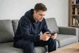 Joueur adulte concentré sur une PlayStation Portal dans un salon moderne, illustrant les techniques pour réduire l'input lag en cloud gaming