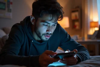 Jeune homme jouant à un jeu mobile sur smartphone dans sa chambre avec une expression concentrée