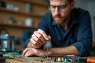 Technicien électronique tenant une résistance entre ses doigts et lisant les bandes de couleur de près dans un atelier d'électronique