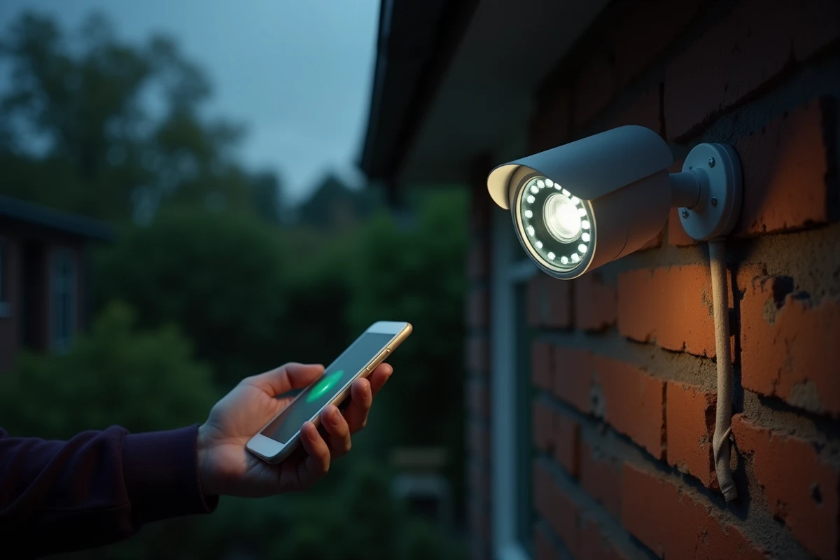 Gros plan sur les LED infrarouges d'une caméra extérieure avec aperçu de vision nocturne sur smartphone
