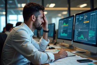 Analyste métier frustré devant un tableau de bord CRM complexe avec des erreurs de données, illustrant les limites d'un logiciel CRM en entreprise