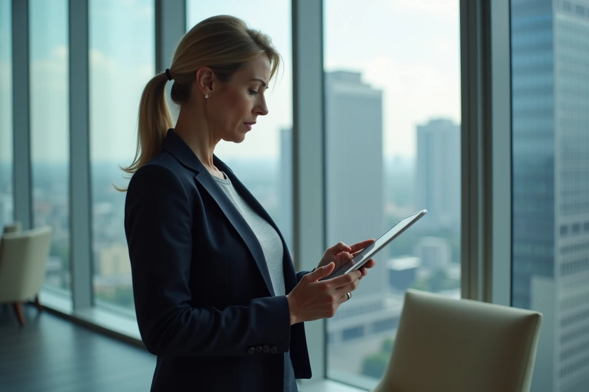 Directrice commerciale consultant un CRM sur tablette avec des données clients incomplètes, illustrant les limites fonctionnelles d'un outil CRM