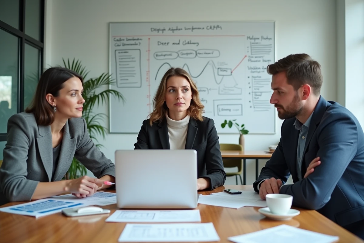 Équipe professionnelle en réunion analysant les lacunes et limites d'un système CRM sur des rapports imprimés et un ordinateur portable