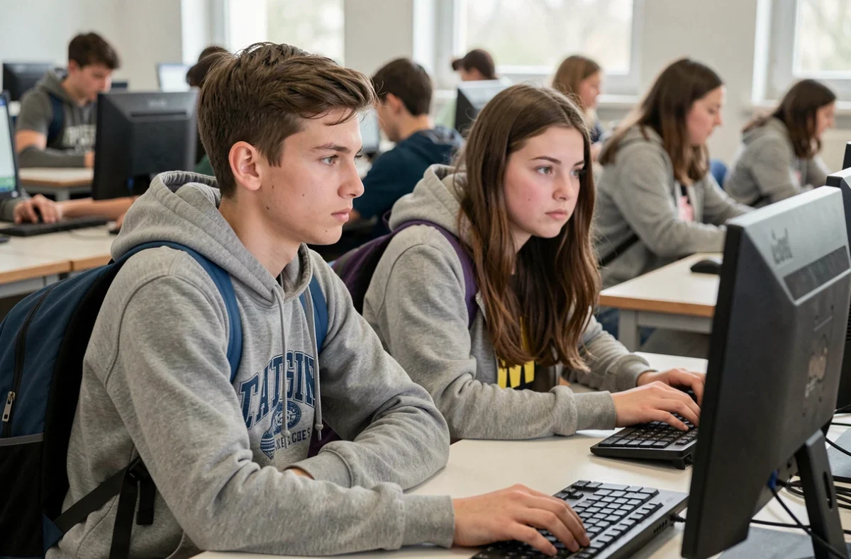 Deux lycéens normands utilisant un outil numérique éducatif de l'académie sur un ordinateur en salle informatique
