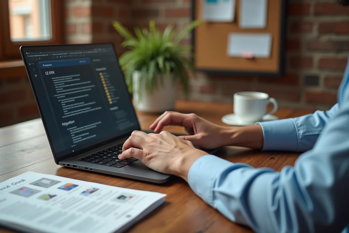 Mains tapant sur un ordinateur portable avec un guide RGPD posé sur un bureau en bois, symbolisant la gestion des données personnelles autorisées