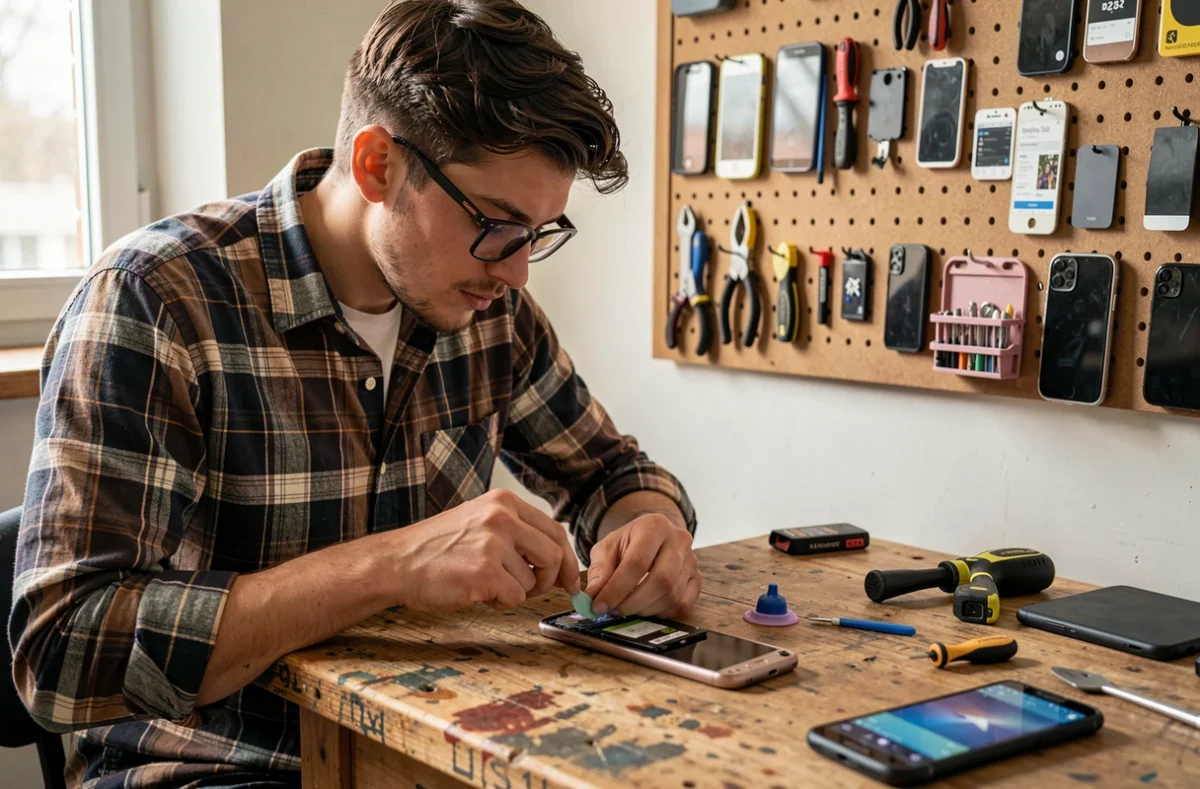 Réparateur indépendant Massière Thomas travaillant seul dans son atelier sur le remplacement d'une batterie de smartphone