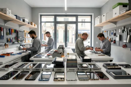 Atelier de réparation de smartphones en Charente-Maritime avec techniciens au travail sur des appareils démontés