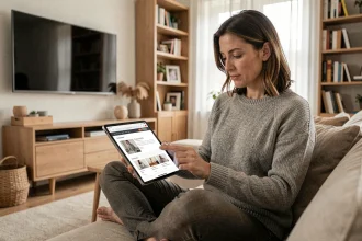 Mère de famille comparant des tablettes et téléviseurs sur un site de comparatif numérique depuis son canapé
