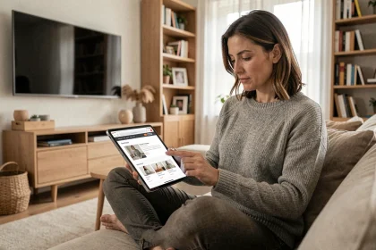 Mère de famille comparant des tablettes et téléviseurs sur un site de comparatif numérique depuis son canapé