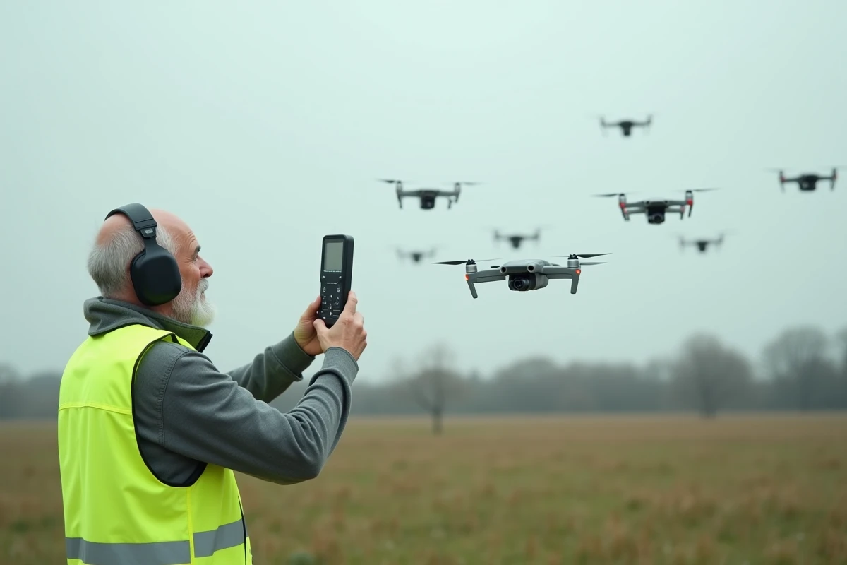 Technicien mesurant le niveau sonore d'un spectacle de drones avec un sonomètre en extérieur