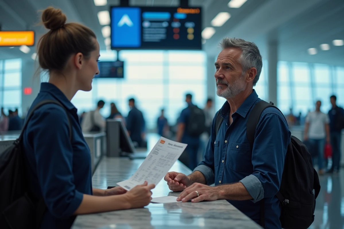 Passager demandant une modification de nom sur son billet à un comptoir d'enregistrement d'aéroport