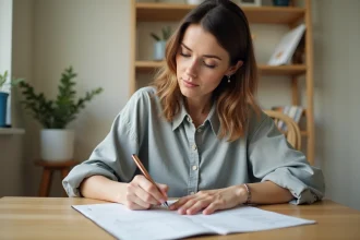 Femme modifiant le nom sur un billet en remplissant un formulaire à son bureau à domicile