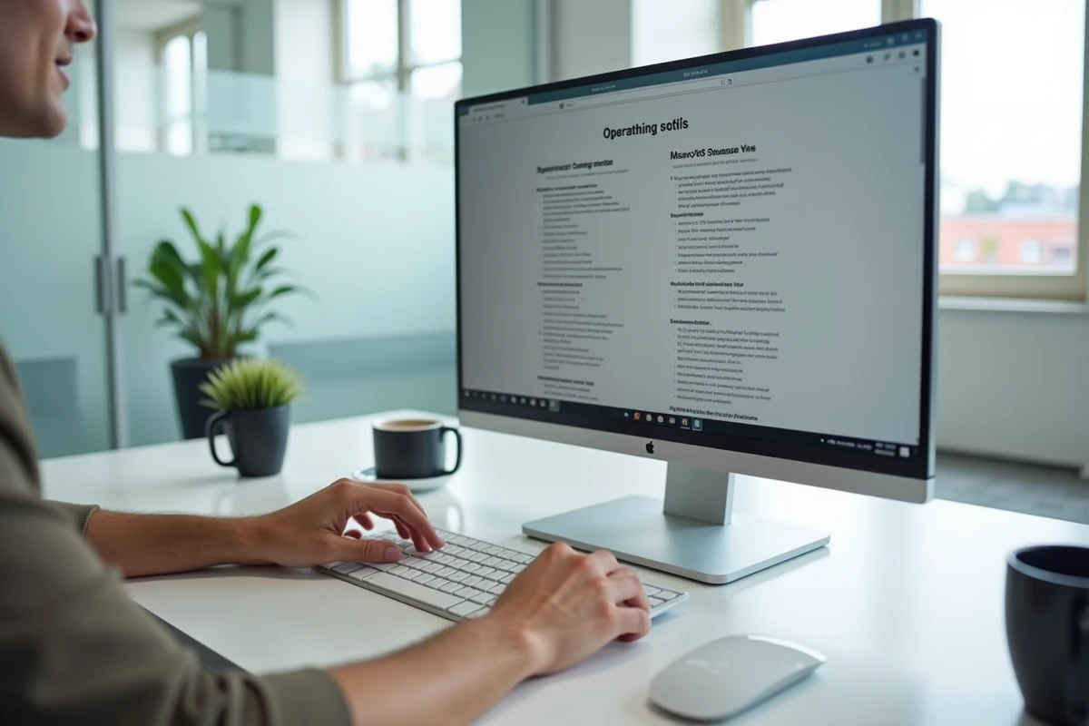 Mains naviguant sur un écran tactile affichant les dernières notes de version des systèmes d'exploitation Windows, macOS et Ubuntu