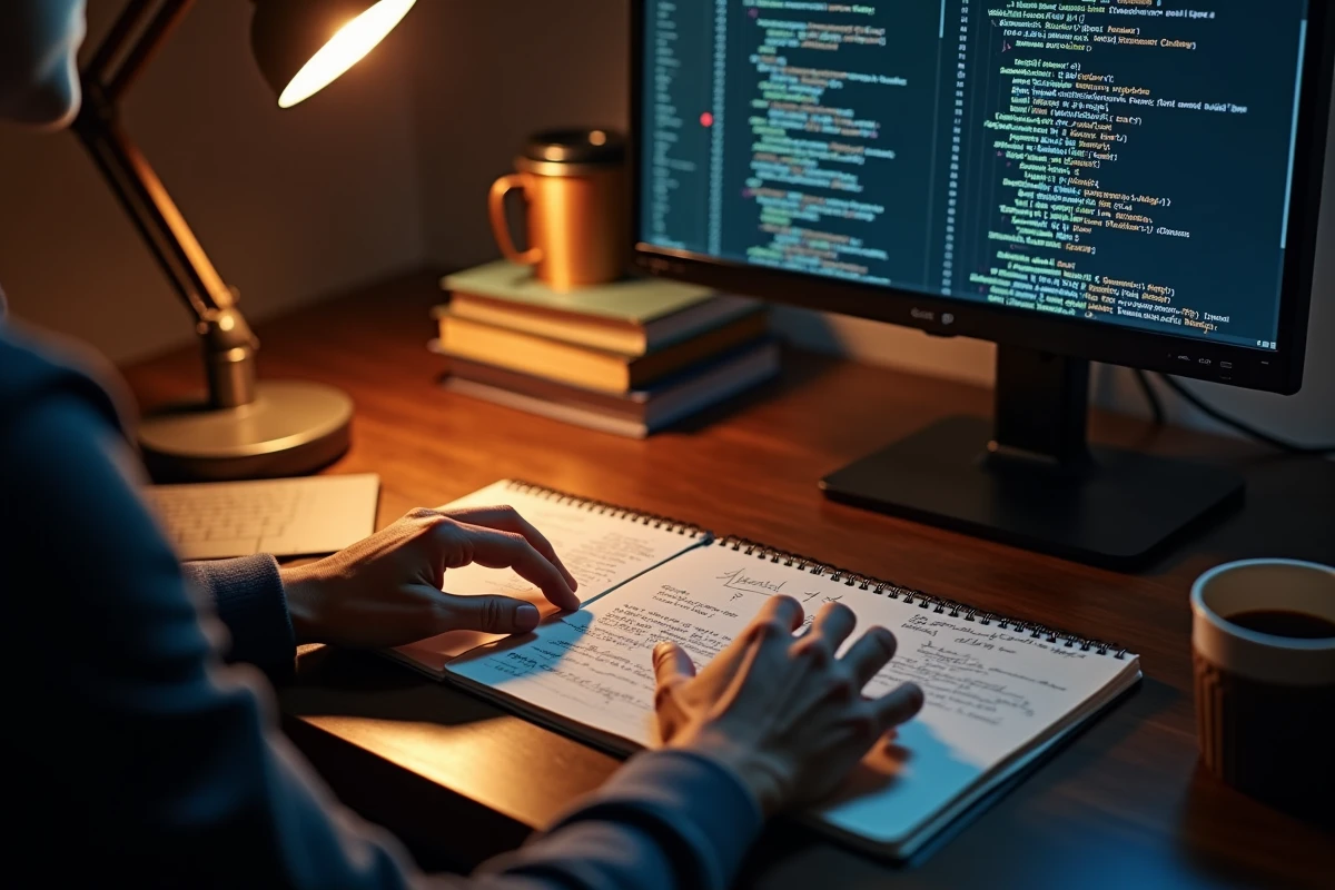Mains d'un développeur prenant des notes sur les namespaces XML Python au bureau le soir avec clavier mécanique et écran de code
