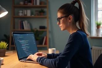 Femme développeuse obtenant une clé API sur son ordinateur portable dans un bureau à domicile moderne