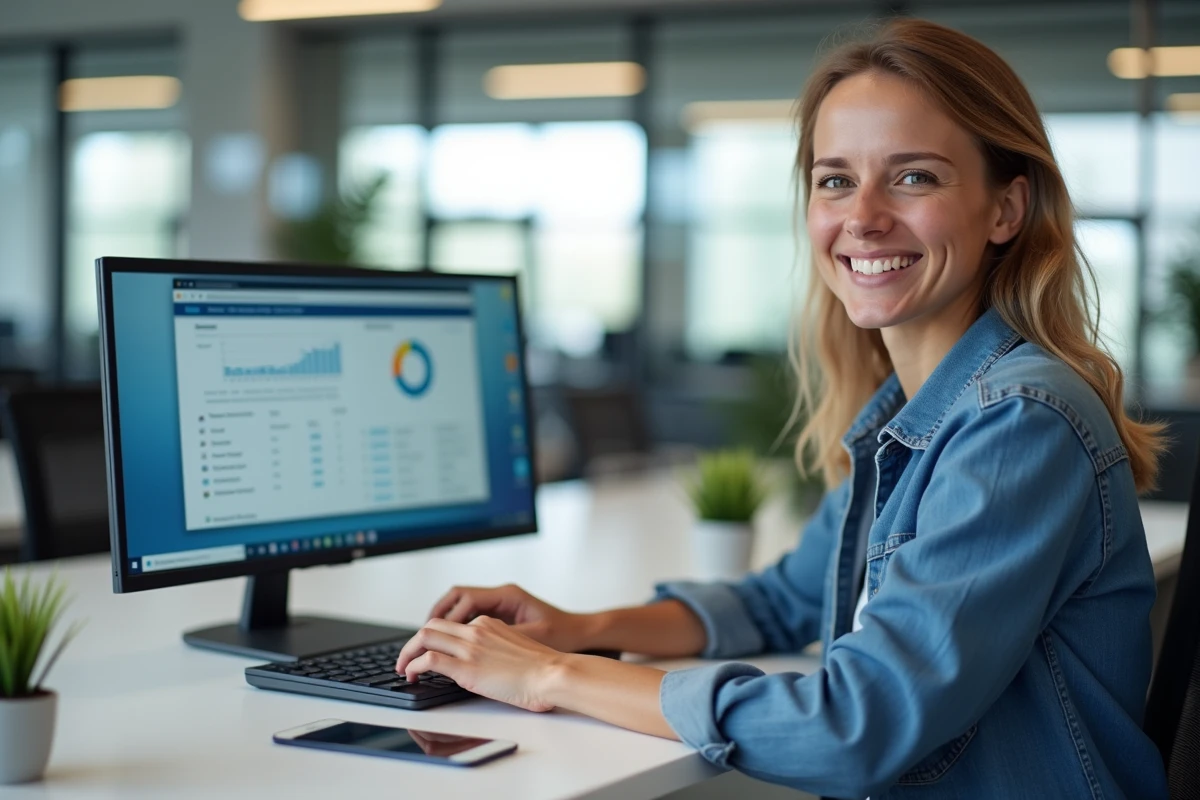 Femme optimisant les performances de son PC portable avec un logiciel de nettoyage système