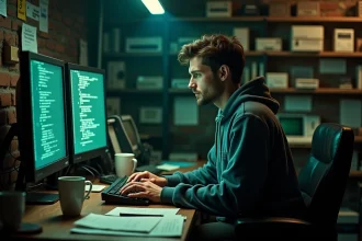 Homme concentré devant un terminal informatique dans un bureau vintage évoquant les origines de la culture hacker