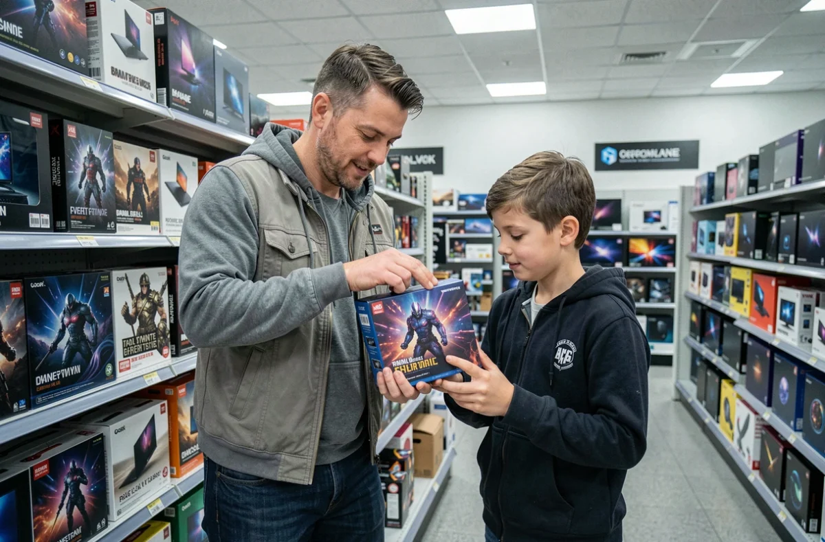 Père et fils choisissant une console de jeu en magasin grâce aux conseils d'un comparatif numérique familial