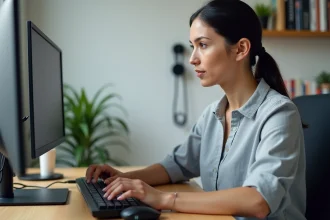 Femme utilisant des périphériques d'entrée informatique clavier souris et microphone USB sur un bureau moderne
