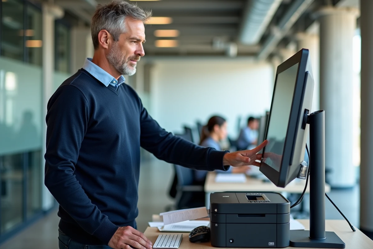 Homme professionnel avec des périphériques de sortie moniteur et imprimante laser dans un bureau en open space