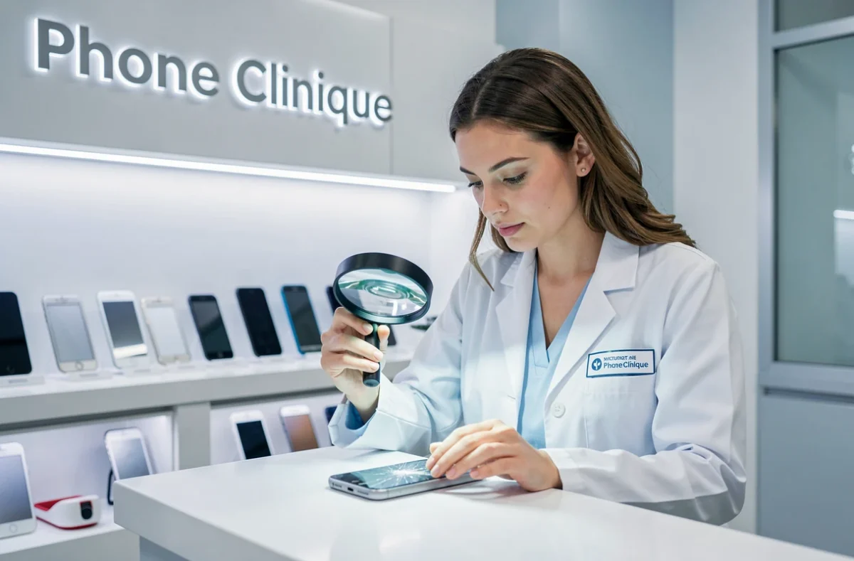 Technicienne de Phone Clinique à La Rochelle examinant un écran de téléphone endommagé avec une loupe éclairée au comptoir de la boutique