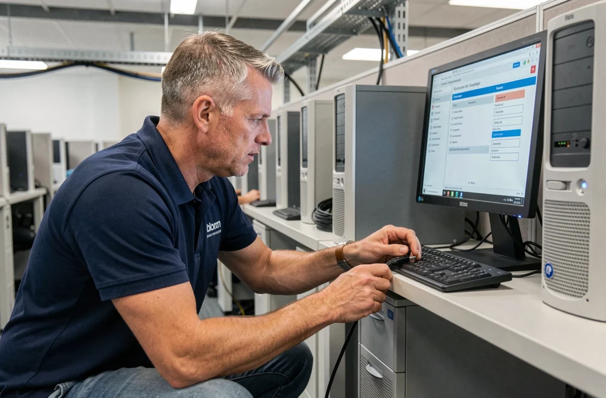 Technicien de Pilote Info intervenant sur un poste de travail dans le cadre de l'infogérance et de la cybersécurité des terminaux