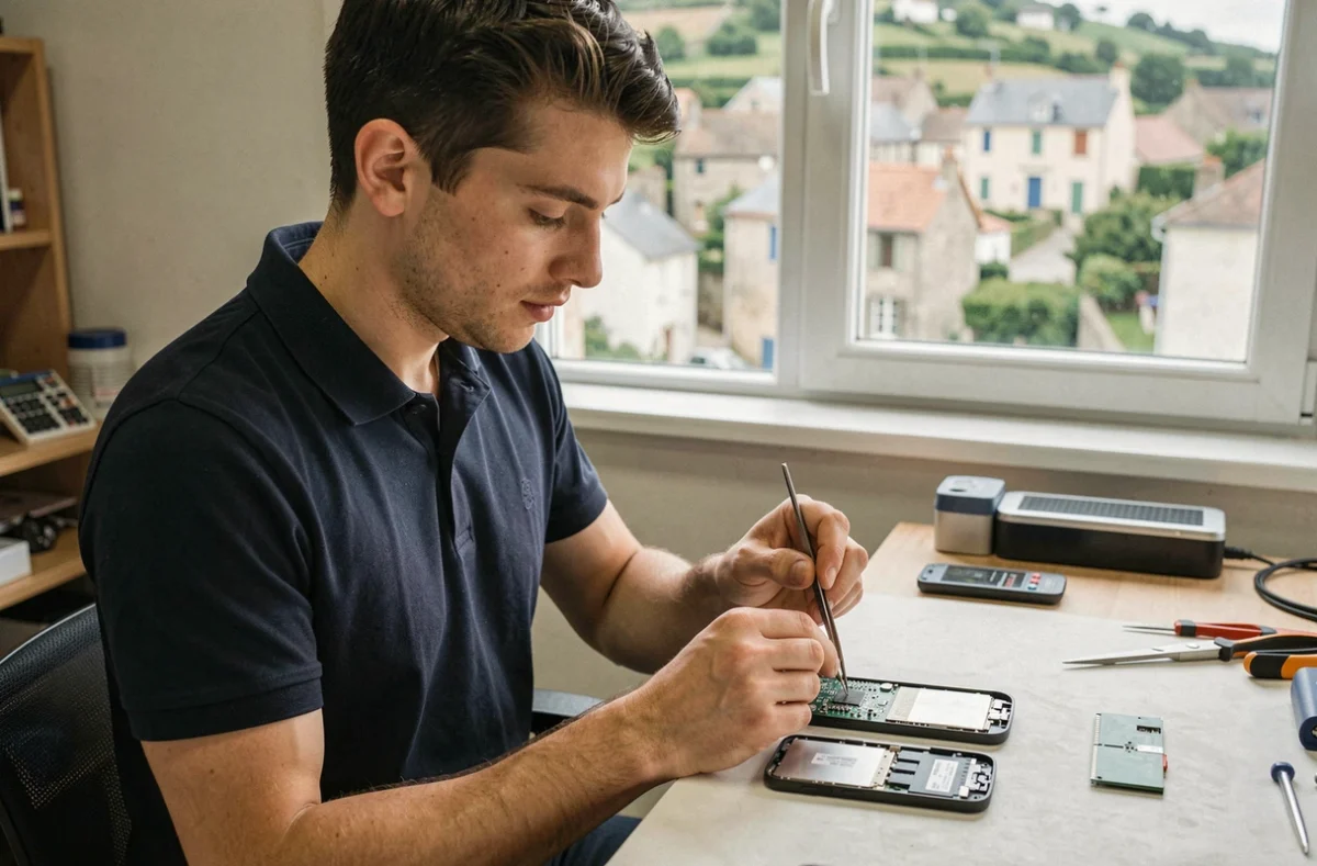 Technicien de Presqu'île 2.0 à Étaules réparant une carte mère de smartphone avec des outils de précision