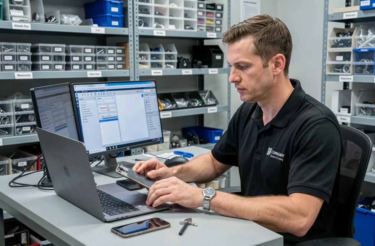 Technicien PRO PC 17 diagnostiquant simultanément un ordinateur portable et un smartphone dans un atelier informatique professionnel