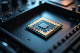 Processeur Intel Core haut de gamme posé sur une surface en aluminium brossé avec détails du die en silicium et broches dorées