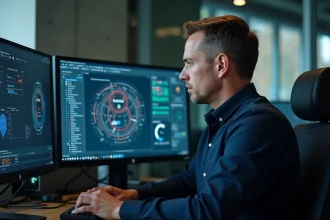 Professionnel en cybersécurité gérant un tableau de bord Cloudflare Zero Trust sur plusieurs écrans dans un bureau moderne