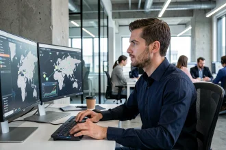 Professionnel informatique comparant des hébergeurs web français et étrangers sur des écrans affichant des cartes de centres de données