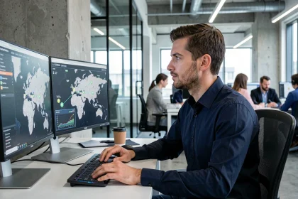 Professionnel informatique comparant des hébergeurs web français et étrangers sur des écrans affichant des cartes de centres de données