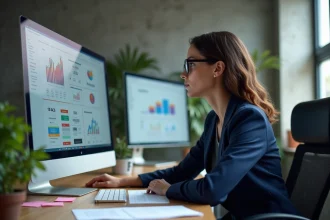 Une professionnelle analyste SEO travaillant sur des tableaux de bord d'analyse de mots-clés avec intelligence artificielle